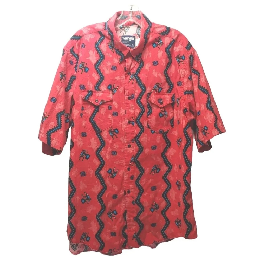 Wrangler Checotah Shirt Native Red Tribal Western Made USA Cowboy Cut Button Up